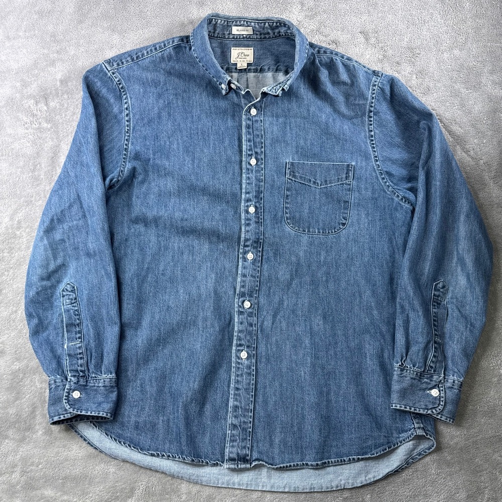 J.Crew Denim Button Down Shirt Mens Large Blue Relaxed Fit Long Sleeve L 77388